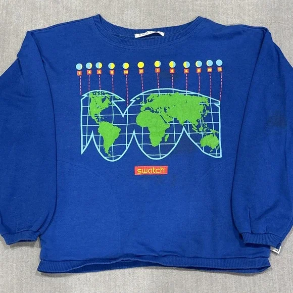 vintage 80's swatch watch sweatshirt blue pocket M (21" Pit To Pit) Graphic USA - Picture 1 of 14